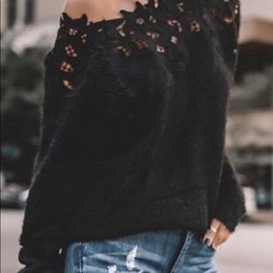 NWOT Beautiful Soft Black Sweater w/ lace accent
